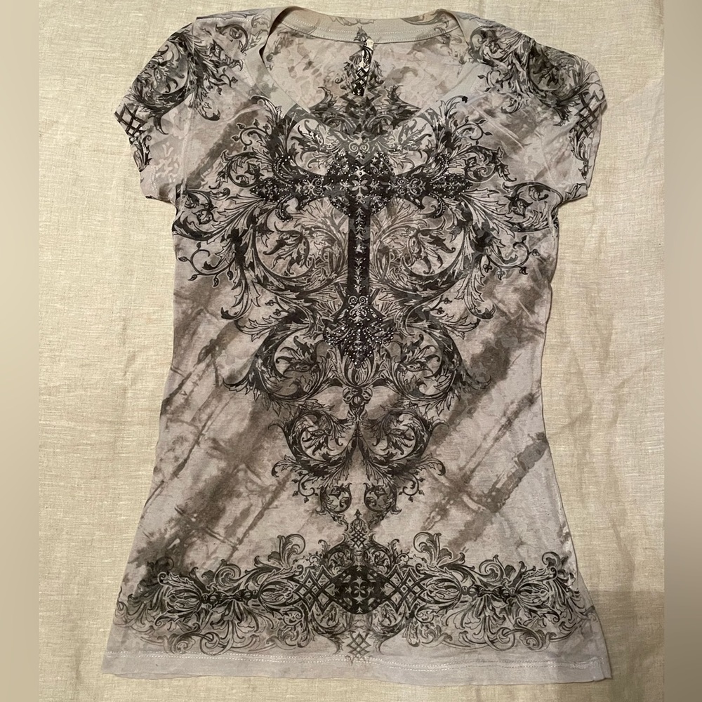 American Age Large Burnout Sheer Rhinestone Accent Tee